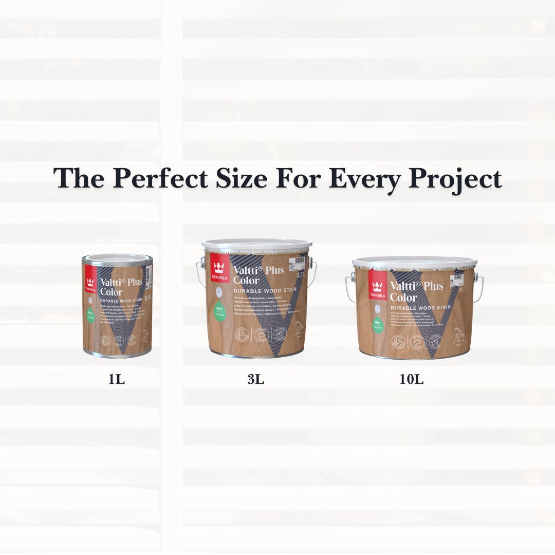 Three metal paint cans of Valnity Plus Color wood finish shown in 1L, 3L, and 10L sizes on a white background with the text 'The Perfect Size For Every Project' above them.
A can of Tikkurila Valtti Plus Color durable wood stain, featuring a label with a wood-grain pattern and a red brand logo block on a white. 
background. Tikkurila Valtti Plus Colour  - Woodstain in Matt Finish