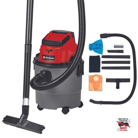 A wet/dry vacuum cleaner with a red and black canister body, gray dust bin, and black hose, shown with a floor nozzle, extension wand, blue funnel, orange dust bag, and other accessories on a white background.
Einhell Power X-Change 18V Cordless 15 Litre Wet & Dry Vac | Bare Unit