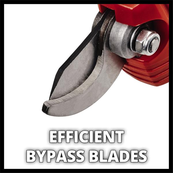 Close-up of a red and silver bypass blade tool with bold text reading 'EFFICIENT BYPASS BLADES' on a white background.