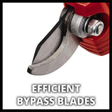 Close-up of a red and silver bypass blade tool with bold text reading 'EFFICIENT BYPASS BLADES' on a white background.