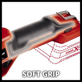 An electric tool with a red and black body, shown on a white background with a dashed red graphic illustrating grip shape and the text 'SOFT GRIP' and 'POWER X-Cell'.