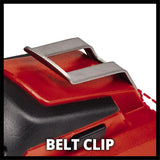 Close-up of a silver metal belt clip mounted on a red and black plastic buckle housing, with the text 'BELT CLIP' overlaid at the bottom.