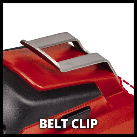 Close-up of a silver metal belt clip mounted on a red and black plastic buckle housing, with the text 'BELT CLIP' overlaid at the bottom.