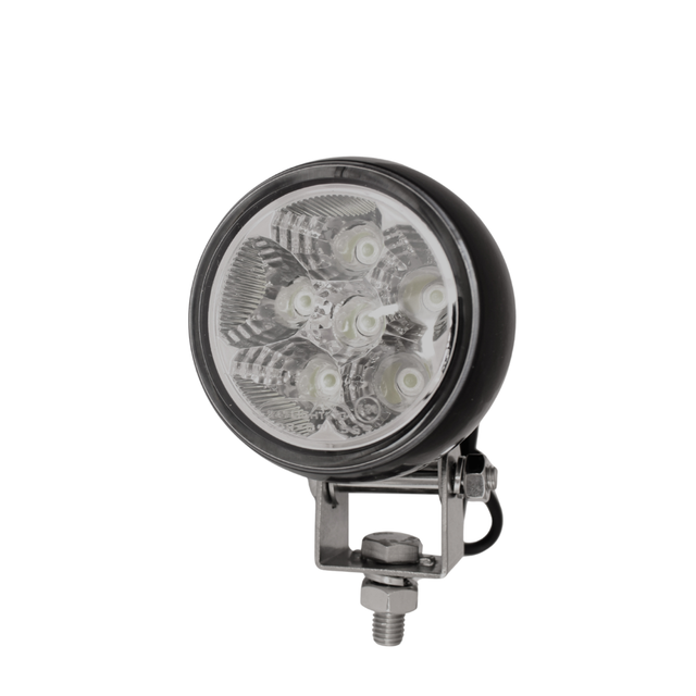 A round LED off-road light with a black housing and a silver metal mounting bracket, shown against a plain white background.
247 Lighting LED Round Work Lamp | 18W | 83mm | 12-24V