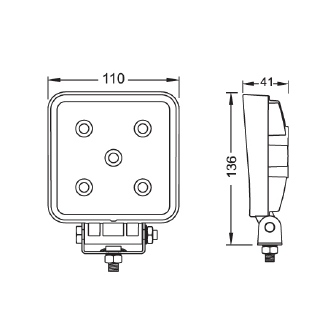 Black and white technical line drawing showing two views of a square light fixture with dimension annotations: 110 across the top, 136 vertically on the side view, and 41 on the side top edge.
247 Lighting LED Square Work Lamp | 4 Inch | 12-24V | 1050 Lumens