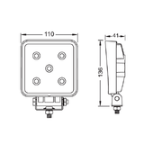 Black and white technical line drawing showing two views of a square light fixture with dimension annotations: 110 across the top, 136 vertically on the side view, and 41 on the side top edge.
247 Lighting LED Square Work Lamp | 4 Inch | 12-24V | 1050 Lumens