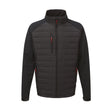 A black and dark gray hybrid jacket with a quilted chest panel, solid sleeves, and a stand-up collar, featuring small red zipper pulls.