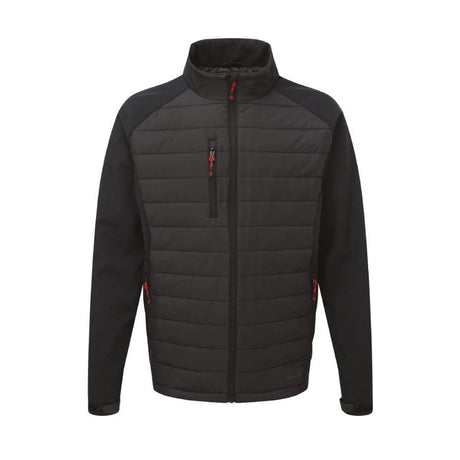 A black and dark gray hybrid jacket with a quilted chest panel, solid sleeves, and a stand-up collar, featuring small red zipper pulls.