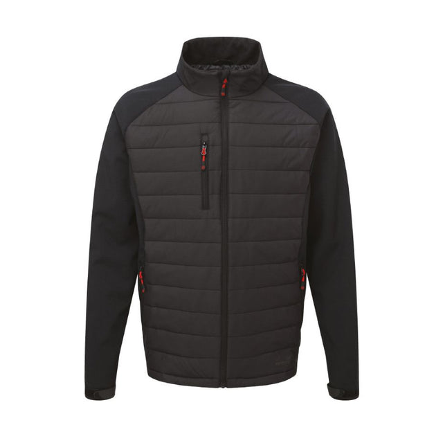 A black and dark gray hybrid jacket with a quilted chest panel, solid sleeves, and a stand-up collar, featuring small red zipper pulls.