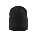 A plain black knit beanie hat shown against a solid white background.