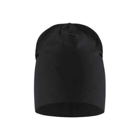 A plain black knit beanie hat shown against a solid white background.
