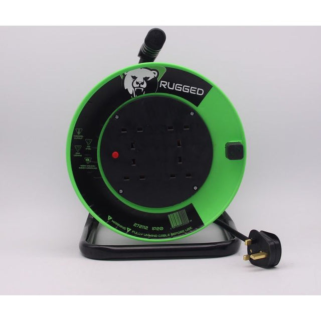 Rugged 25m 4 Socket 13A Cable Reel 240V BS Plug 13A 1.25mm Core