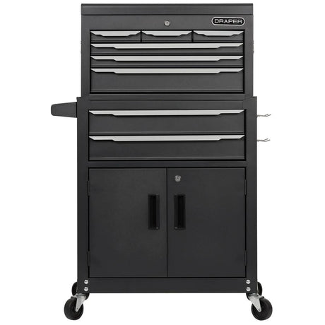 Black tool cabinet with multiple drawers and a cabinet on wheels, featuring the Draper brand.
Draper Combined Roller Cabinet and Tool Chest | 8 Drawer - 24"