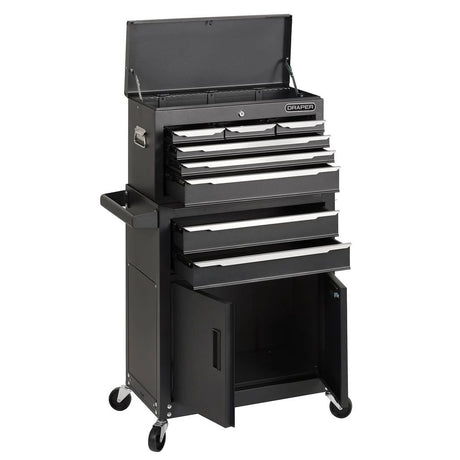 Black tool chest with multiple drawers on a white background