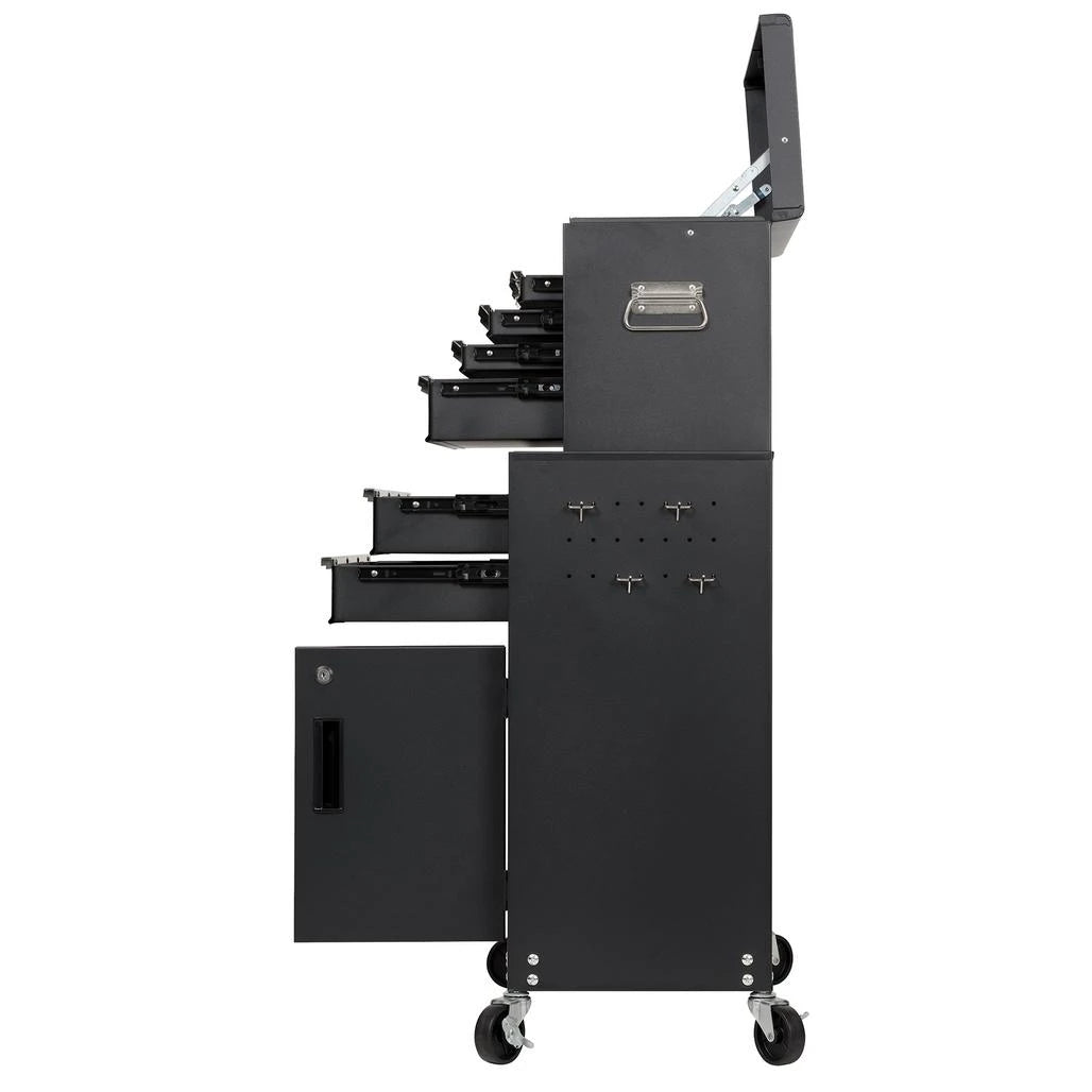 Black tool cart with multiple drawers and cabinets on a white background