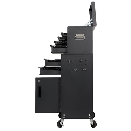 Black tool cart with multiple drawers and cabinets on a white background
