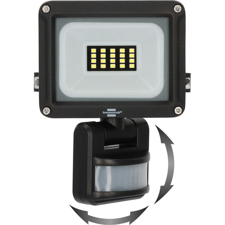 Black outdoor floodlight with integrated motion sensor and mounting bracket, shown on a white background with gray rotation arrows indicating adjustable head tilt.