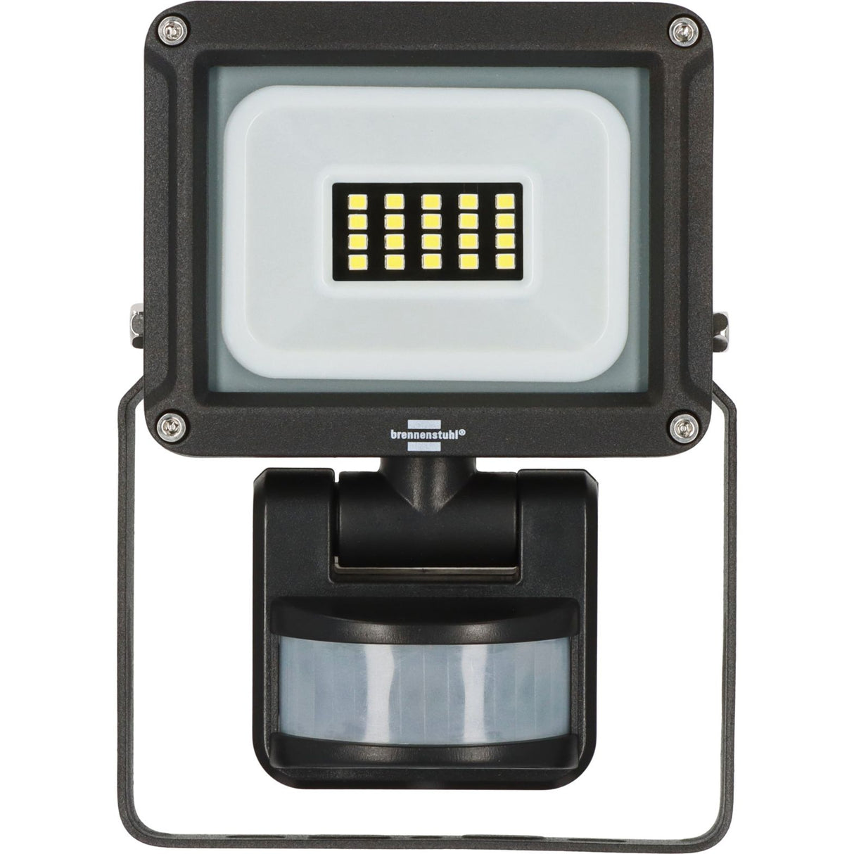 A black Bressaerts LED floodlight with an integrated motion sensor, shown against a plain white background.