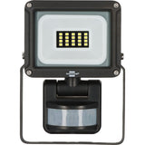 A black Bressaerts LED floodlight with an integrated motion sensor, shown against a plain white background.