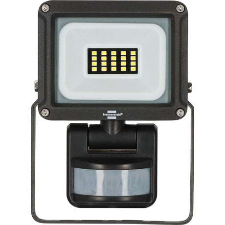 A black Bressaerts LED floodlight with an integrated motion sensor, shown against a plain white background.