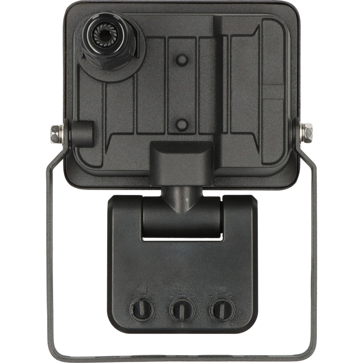 Black plastic mounting bracket with a threaded screw port on the top section and three adjustment knobs on the lower section, isolated on a white background. Brennenstuhl JARO 1060 P LED Spotlight with Motion Detector | 10W | 1150 Lumen | IP65