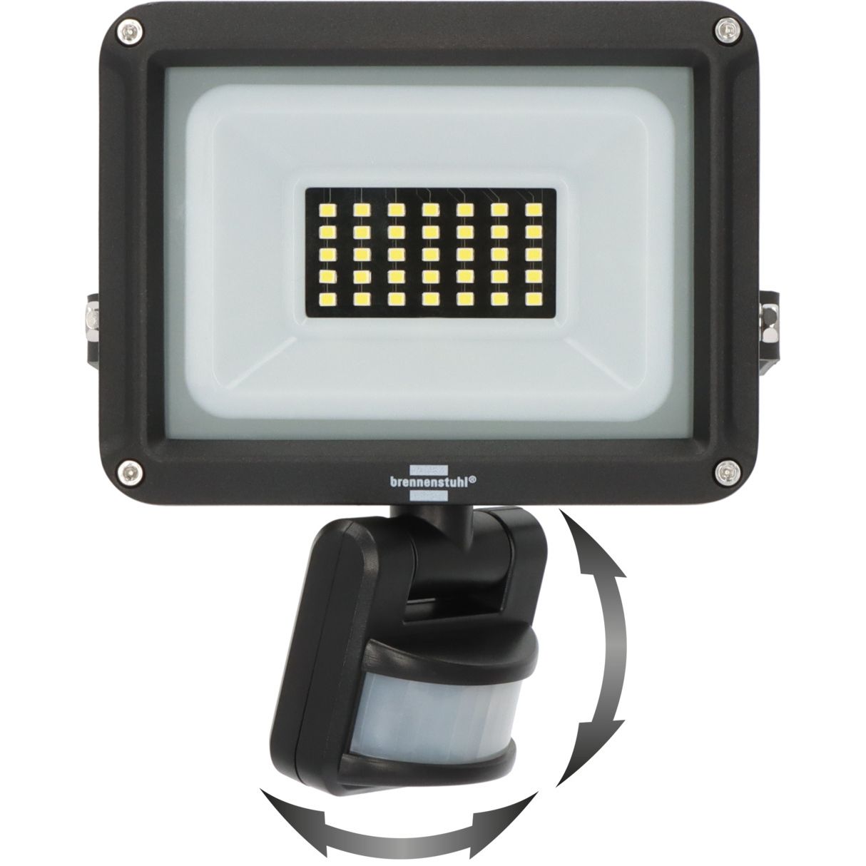 Black Brumastlicht motion sensor floodlight with an integrated mounting bracket and PIR sensor, shown on a white background with motion detection arrows.