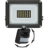 Black Brumastlicht motion sensor floodlight with an integrated mounting bracket and PIR sensor, shown on a white background with motion detection arrows.