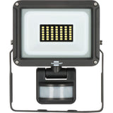 A black Bauenstahl LED floodlight with an integrated motion sensor, shown against a plain white background.