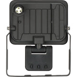 Black outdoor LED floodlight with a mounting bracket and wire frame, shown from the back on a white background.