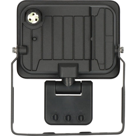 Black outdoor LED floodlight with a mounting bracket and wire frame, shown from the back on a white background.