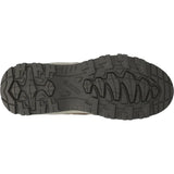 Top-down view of a hiking shoe's rugged treaded outsole, showing the Vibram logo embossed in the center, on a plain white background. Hi-Tec Bandera Expedition Leather Women's Hiking Boots | Olive 3