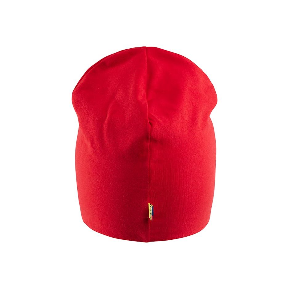 Red beanie with a small logo on a white background