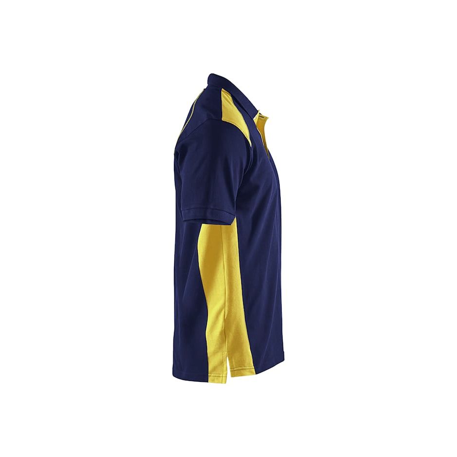 A navy blue short-sleeve polo shirt with bright yellow contrast panels on the shoulders and sides, shown in a side profile view against a plain white background.