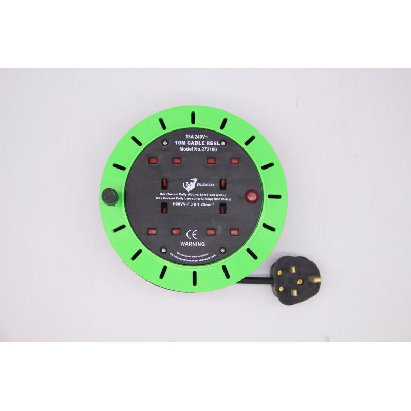 Rugged 10M 4 Socket Cassette Reel 240V BS Plug 13A