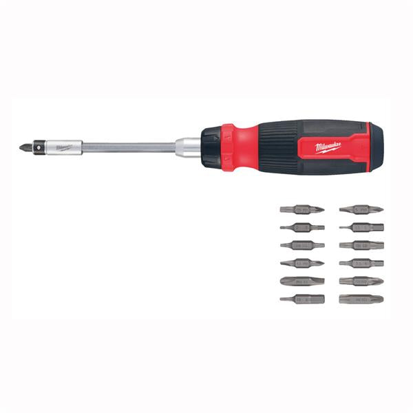Milwaukee 10-piece screwdriver bit set with a red and black handle shown horizontally, alongside the ten included metal bits arranged vertically on a plain white background.