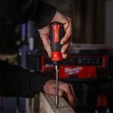 A Milwaukee cordless screwdriver being used by a person to drive a screw into a wooden board, with a blurred workshop background and a red Milwaukee tool case behind.