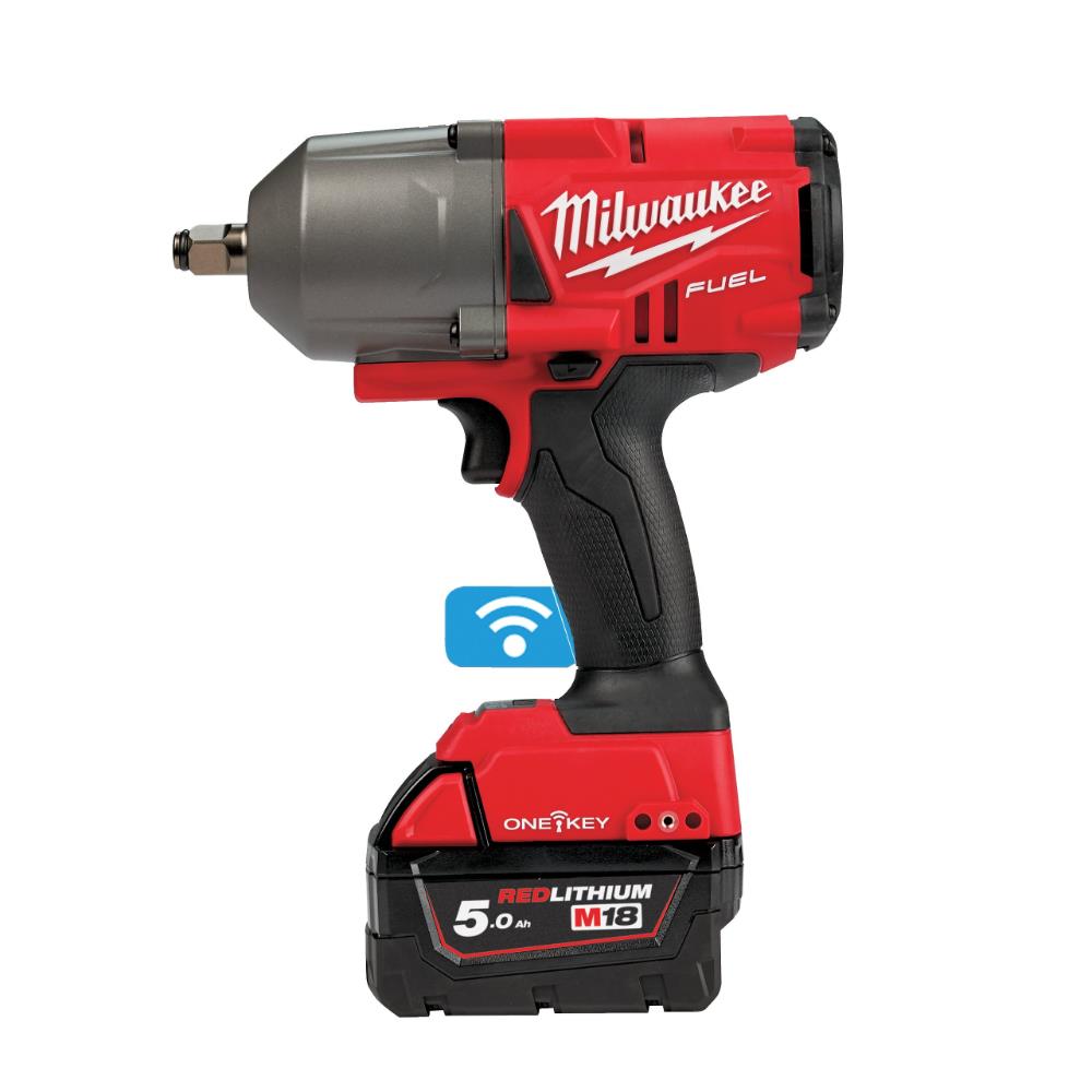 Milwaukee cordless impact wrench with battery on a white background