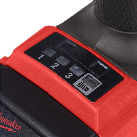 Close-up of a Milwaukee tool with control panel and battery indicator. Milwaukee M18FID3-0 M18 Fuel Gen 4 Impact Driver | Bare Unit
