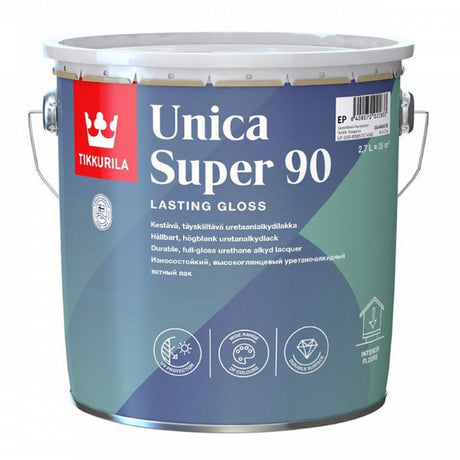 A 2.7L metal bucket of Tikkurila Unica Super 90 Lasting Gloss urethane alkyl lacquer, featuring a blue and teal label with white text and a red brand logo.
Unica Super 90
