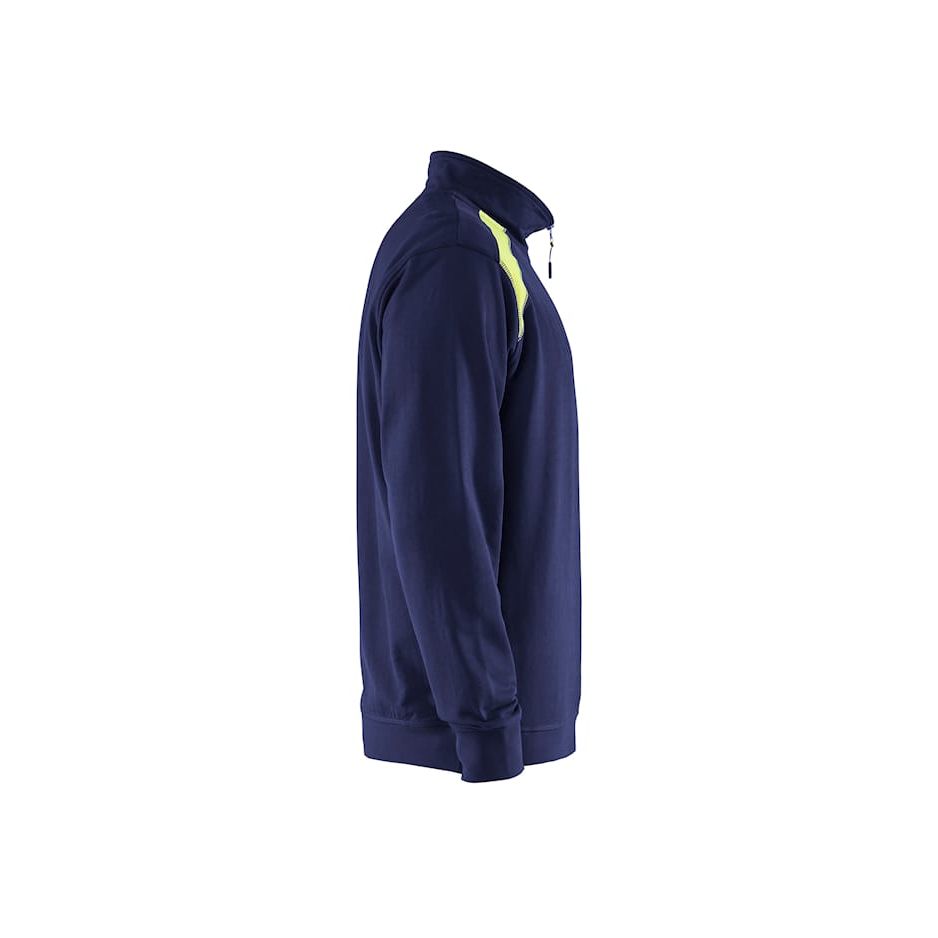 Navy blue sweatshirt with yellow accents on a white background