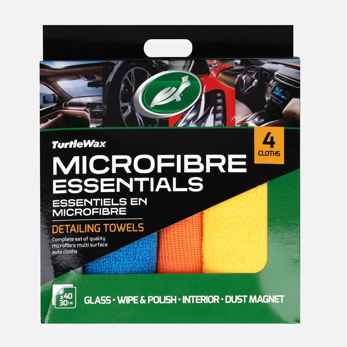 Packaging of TurtleWax Microfibre Essentials detailing towels with four cloths. Turtle Wax Microfibre Essentials