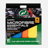 Packaging of TurtleWax Microfibre Essentials detailing towels with four cloths. Turtle Wax Microfibre Essentials