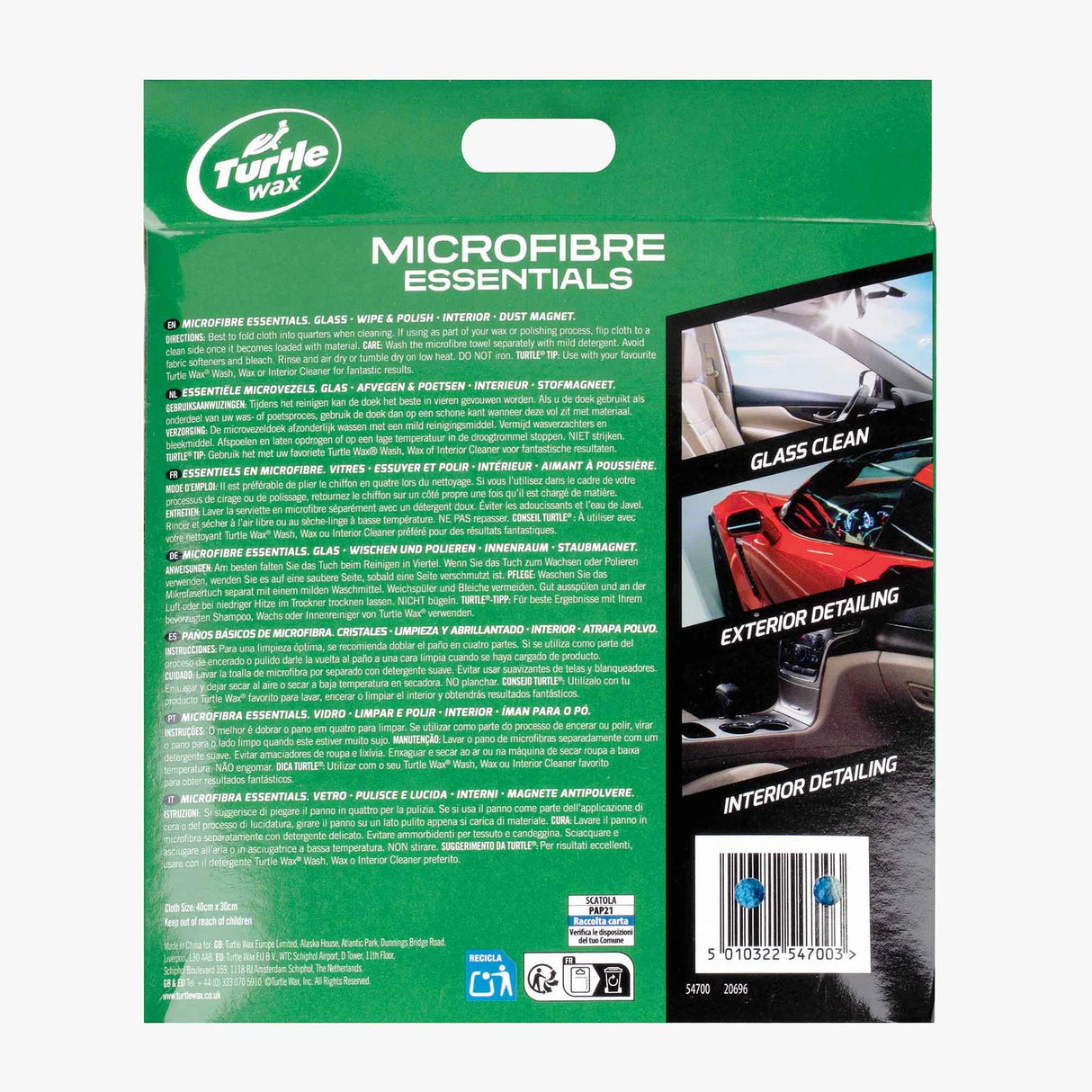 Back of a green Turtle Wax Microfibre Essentials packaging card, showing product text, usage benefits, a small product photo, and a barcode on a white background. Turtle Wax Microfibre Essentials