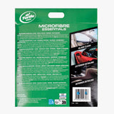 Back of a green Turtle Wax Microfibre Essentials packaging card, showing product text, usage benefits, a small product photo, and a barcode on a white background. Turtle Wax Microfibre Essentials
