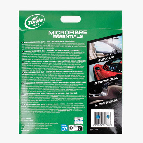 Back of a green Turtle Wax Microfibre Essentials packaging card, showing product text, usage benefits, a small product photo, and a barcode on a white background. Turtle Wax Microfibre Essentials