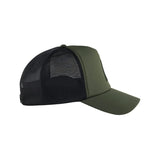 An olive green trucker cap with a black mesh back, shown from a side profile view against a plain white background.