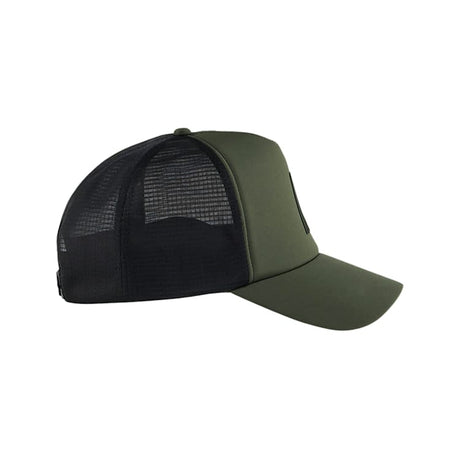 An olive green trucker cap with a black mesh back, shown from a side profile view against a plain white background.