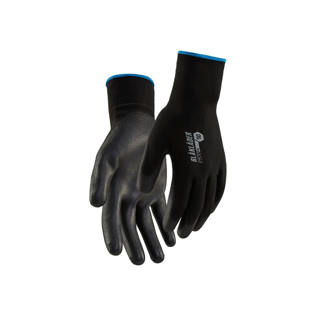 Pair of black gloves with blue accents on a white background