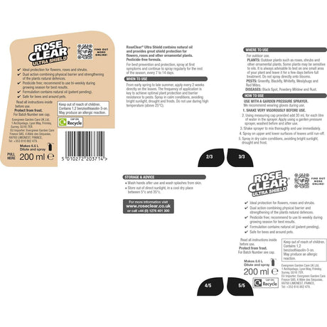 Back of a Rose Clear Ultra Shield 200 ml bottle showing product information, usage instructions, care and storage, and a barcode on a white background.