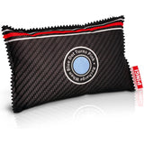 Black textured pouch with a circular logo and text on a white background